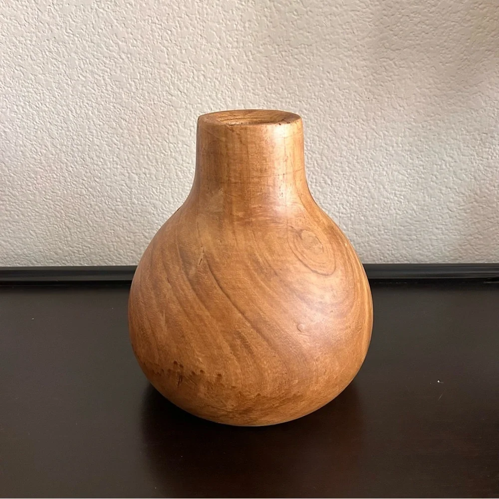 Handcrafted Paulownia Wood Vase – Rustic Brown Small Decorative Flower Vase 8”